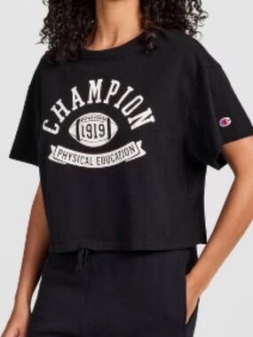 Champion Black Cropped Graphic Tee with White Logo